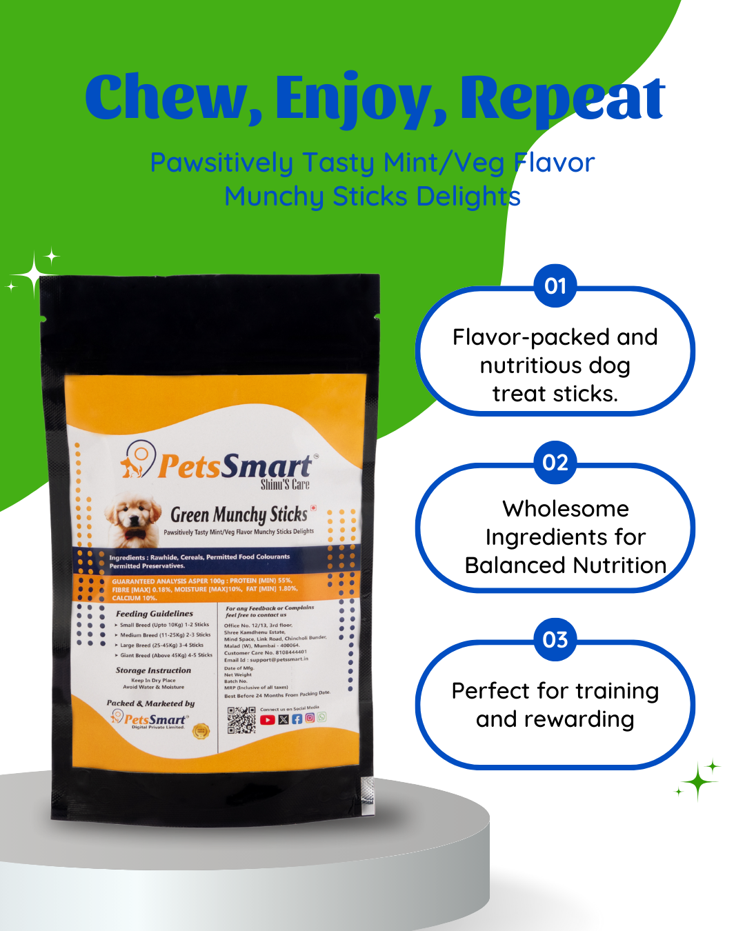 Chew Sticks Easily Digestible Rich of High Protien Green Munchy Sticks Dog Treat 200/400 gm