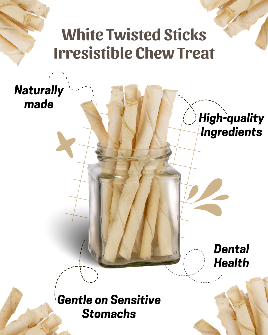 White Twisted Sticks Irresistible Chew Treat for Dogs That Promotes Dental Health 200/400 gm